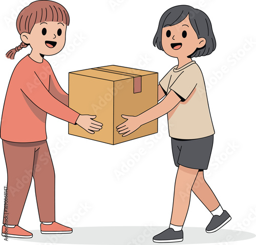 Cartoon children teamwork, carrying cardboard box, cooperative activity, smiling kids, shared task, white background, helping hands, friendly effort, youth collaboration