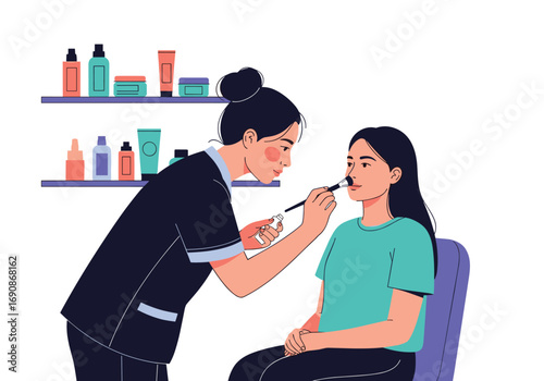 Beauty professional applying makeup to client in a salon setting with shelves of products behind them