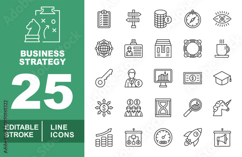 Business Strategy line icon set. Editable stroke icons for Business Strategy. Containing Clipboard, Signpost, Coins, Compass, Eye, Globe, ID, Building, Lifesaver, Coffee, Key, Manager, Monitor, Money