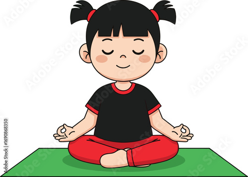 Cartoon girl meditating, yoga pose, mindfulness practice, peaceful child, green mat, closed eyes, calm moment, white background, wellness illustration