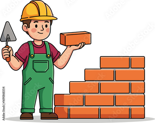 Cartoon construction worker, building brick wall, trowel in hand, safety gear, masonry work, white background, labor scene, child-friendly illustration