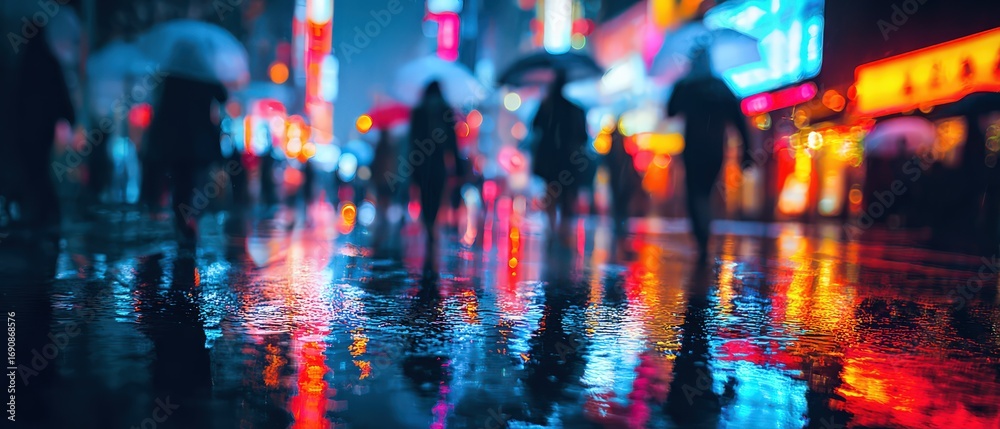 custom made wallpaper toronto digitalVibrant Night Scene of Urban City Streets with Reflections and Umbrellas in Rainy Weather