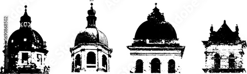 Architectural silhouettes: grunge black and white dome designs for urban art and posters
