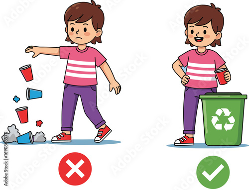 Child showing correct and incorrect waste disposal, recycling awareness, environmental responsibility, cartoon behavior guide, green bin, littering concept, eco education