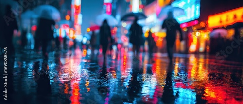 Wallpaper Mural Vibrant Night Scene of Urban City Streets with Reflections and Umbrellas in Rainy Weather Torontodigital.ca
