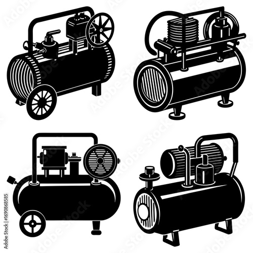 Illustration showing four different air compressors in black and white in a simple vector style