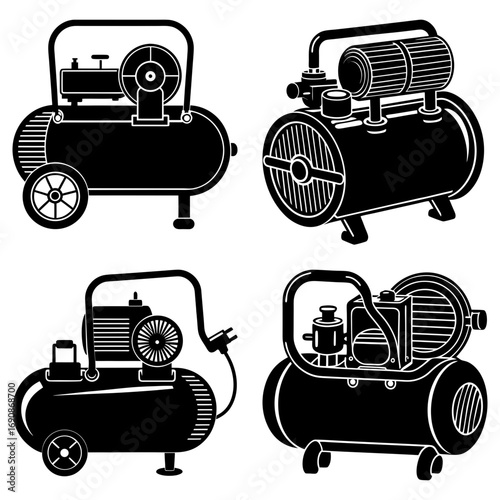 Four black and white illustrations of air compressors with varying designs and configurations shown