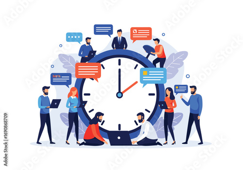 Team collaboration around a giant clock demonstrating effective time management and project planning