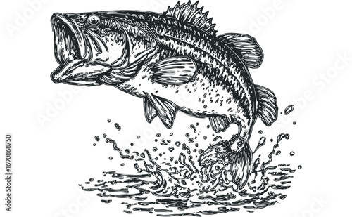 Sketch of a largemouth bass leaping from water on transparent background. Vector hand drawn illustration