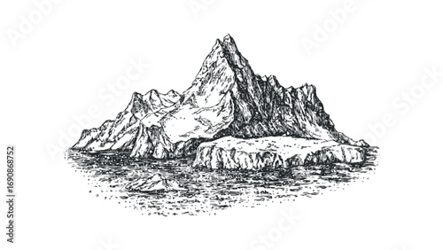 Hand drawn sketch of jagged mountain peaks above icy water. Vector hand drawn illustration