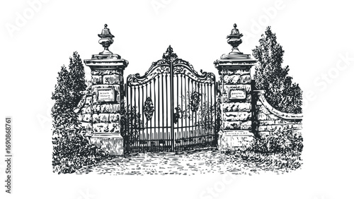 Ornate wrought iron gate with stone pillars and urns on transparent background. Vector hand drawn illustration