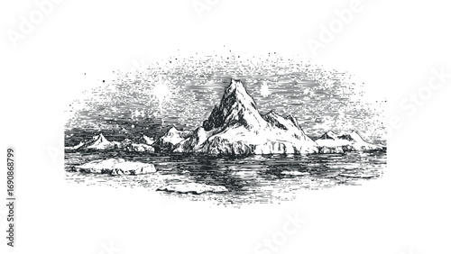 Vintage engraving of icebergs and ocean water with a serene atmosphere. Vector hand drawn illustration