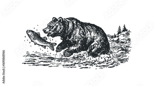 Woodcut style bear catching fish in river. Vector hand drawn illustration