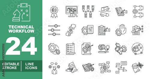Business Process line icon set. Editable stroke icons for Business Process. Containing Chess, Ribbon, Monitor, Servers, Pipe, Checklist, Flowchart, Sliders, Cursor, Settings, Hand, Paper, Puzzle, User