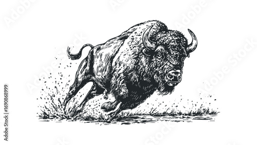 Dynamic Bison Running Through Water File. Vector hand drawn illustration