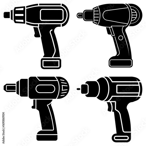 Four black and white cordless drills in various orientations and styles on a white background image