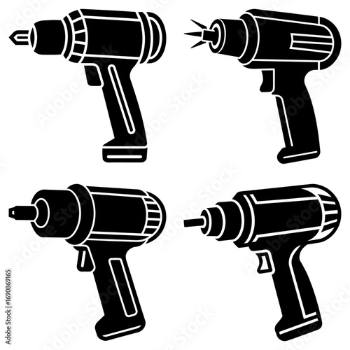 Illustration showing four electric drills with different drill bits in a black and white vector format