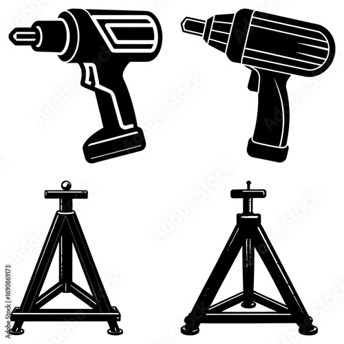Illustration of two electric drills and two jack stands in black and white vector format design style