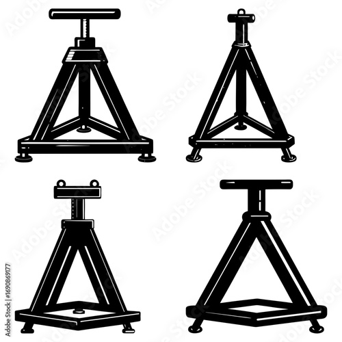 A collection of four black and white illustrations of adjustable jack stands with different head designs