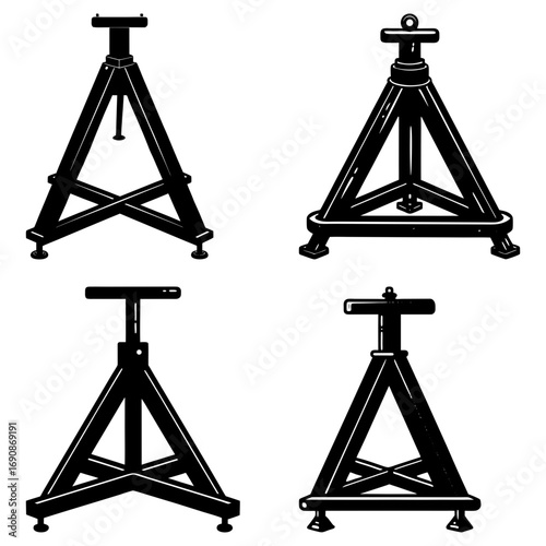 Illustration showcasing four different designs of black and white tripod stands with adjustable heights