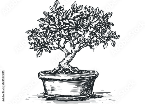 Drawn Bonsai Tree in Pot Image. Vector hand drawn illustration