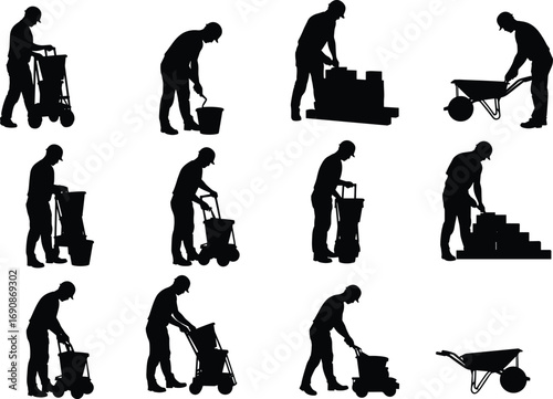 Silhouette construction workers with wheelbarrows, buckets, and carts transporting materials, laborers loading carrying construction site equipment vector illustration set