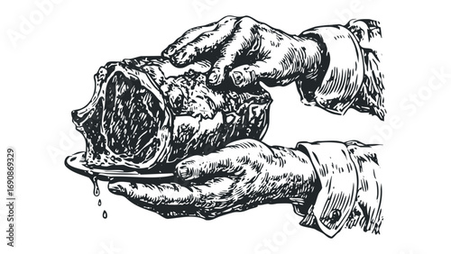 Man holding a platter with dripping raw meat. Vector hand drawn illustration