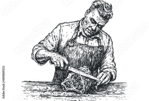 Man wearing apron carefully cuts large piece of meat on wooden table. Vector hand drawn illustration