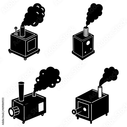 Illustration featuring four isometric black industrial furnaces emitting dark smoke on a white background