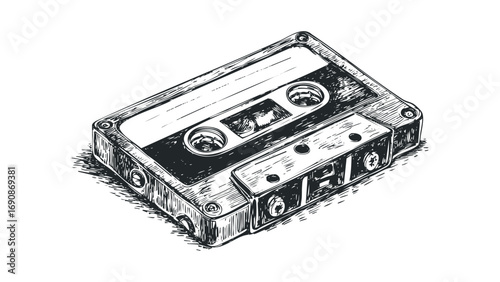 Sketch of an old audio cassette tape file. Vector hand drawn illustration