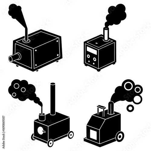 Four isometric black and white industrial machines with smoke stacks emitting dark smoke clouds