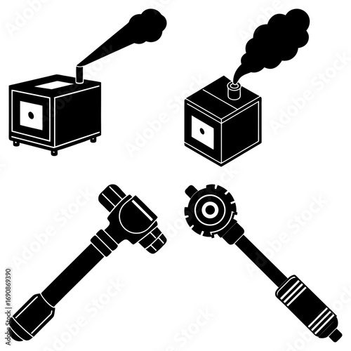 Illustration showing two industrial furnaces with smoke and two tattoo machines in black and white