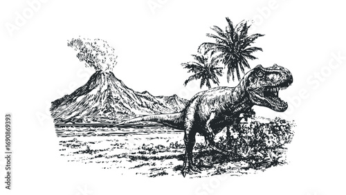 Tyrannosaurus Rex dinosaur near erupting volcano and palm trees. Vector hand drawn illustration