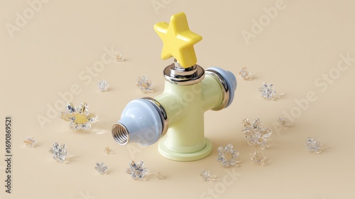 Pastel-colored, stylized faucet with star-shaped top, surrounded by small, clear crystals