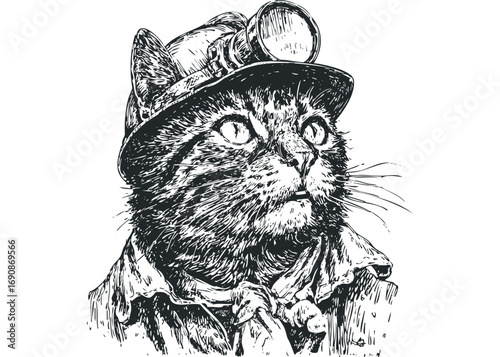 Hand drawn sketch of tabby cat wearing miner helmet with lamp. Vector hand drawn illustration