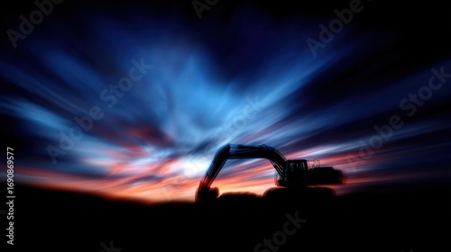 Silhouette excavator at sunset, motion blur