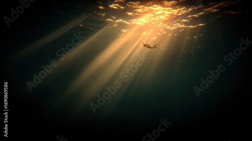 Underwater sunbeams illuminate a small, dark object