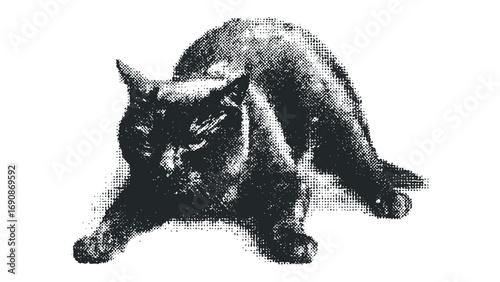 Textured black cat stretching on a transparent background. Vector hand drawn illustration