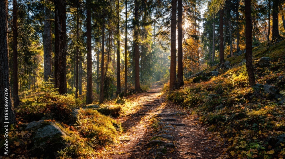 Fototapeta premium Serene Forest Trail with Sunlight Filtering Through Trees in Autumn Landscape