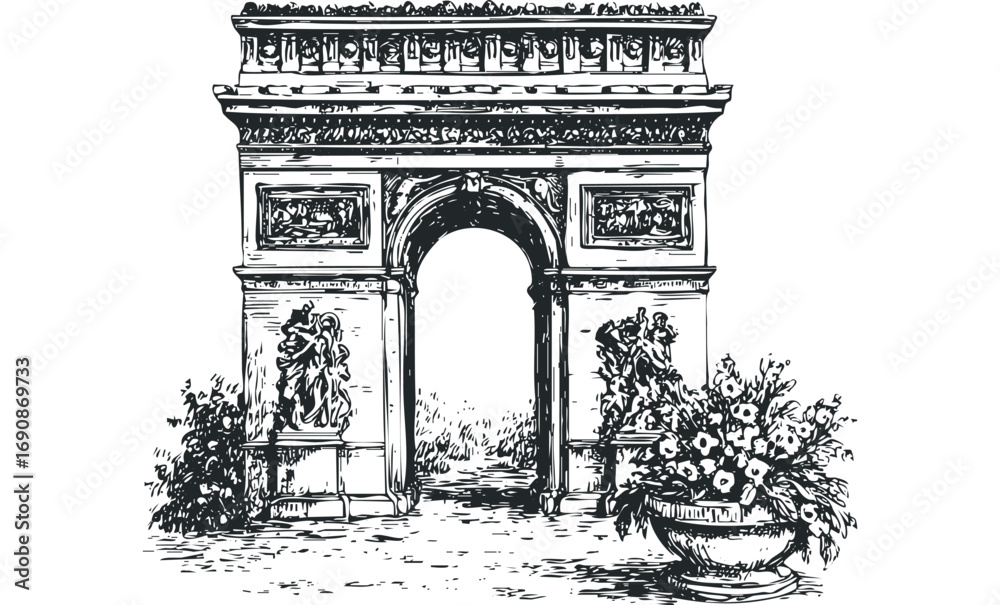 Fototapeta premium Archway monument with intricate carvings and floral arrangements. Vector hand drawn illustration