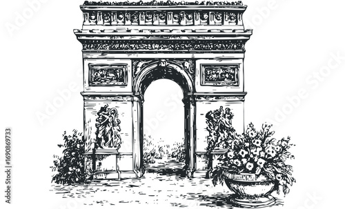 Archway monument with intricate carvings and floral arrangements. Vector hand drawn illustration