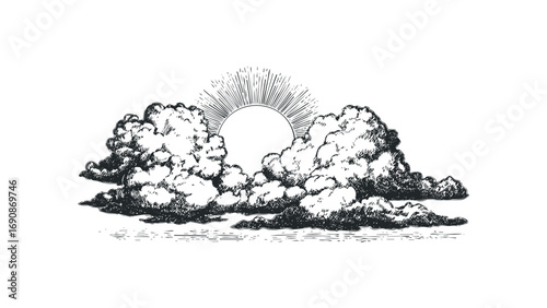 Sunburst Behind Textured Cumulus Clouds, Hand Drawn. Vector hand drawn illustration