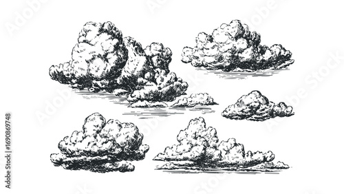 Collection of hand drawn cumulus clouds image with transparent background. Vector hand drawn illustration