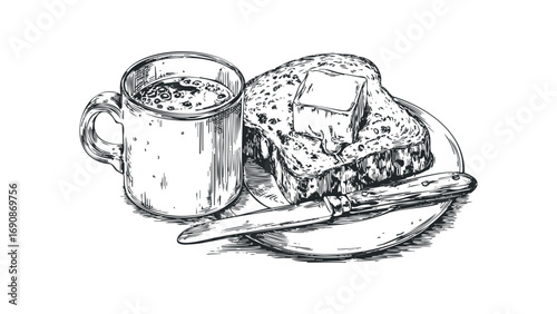 Sketch of coffee and toast with butter on a plate and knife. Vector hand drawn illustration