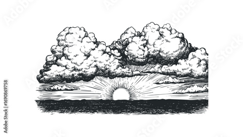 Pencil sketch of sun emerging from behind dramatic clouds over ocean. Vector hand drawn illustration
