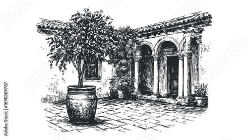 Courtyard with potted tree and arched colonnade ink sketch. Vector hand drawn illustration