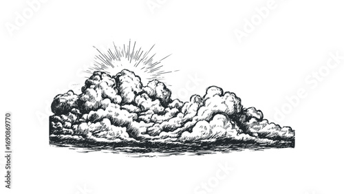 Sketch of Cumulus Clouds with Sunburst Rays. Vector hand drawn illustration