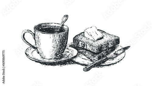 Pencil sketch of a coffee cup and buttered toast on a saucer. Vector hand drawn illustration