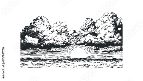 Dramatic skyscape with radiant sunburst over textured ocean waves rendered in monochrome. Vector hand drawn illustration