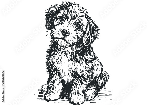 Fluffy puppy dog sitting, hand drawn sketch on transparent background. Vector hand drawn illustration